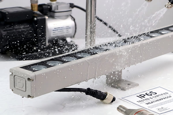 An outdoor LED wall washer being sprayed with water to test its IP65 rating